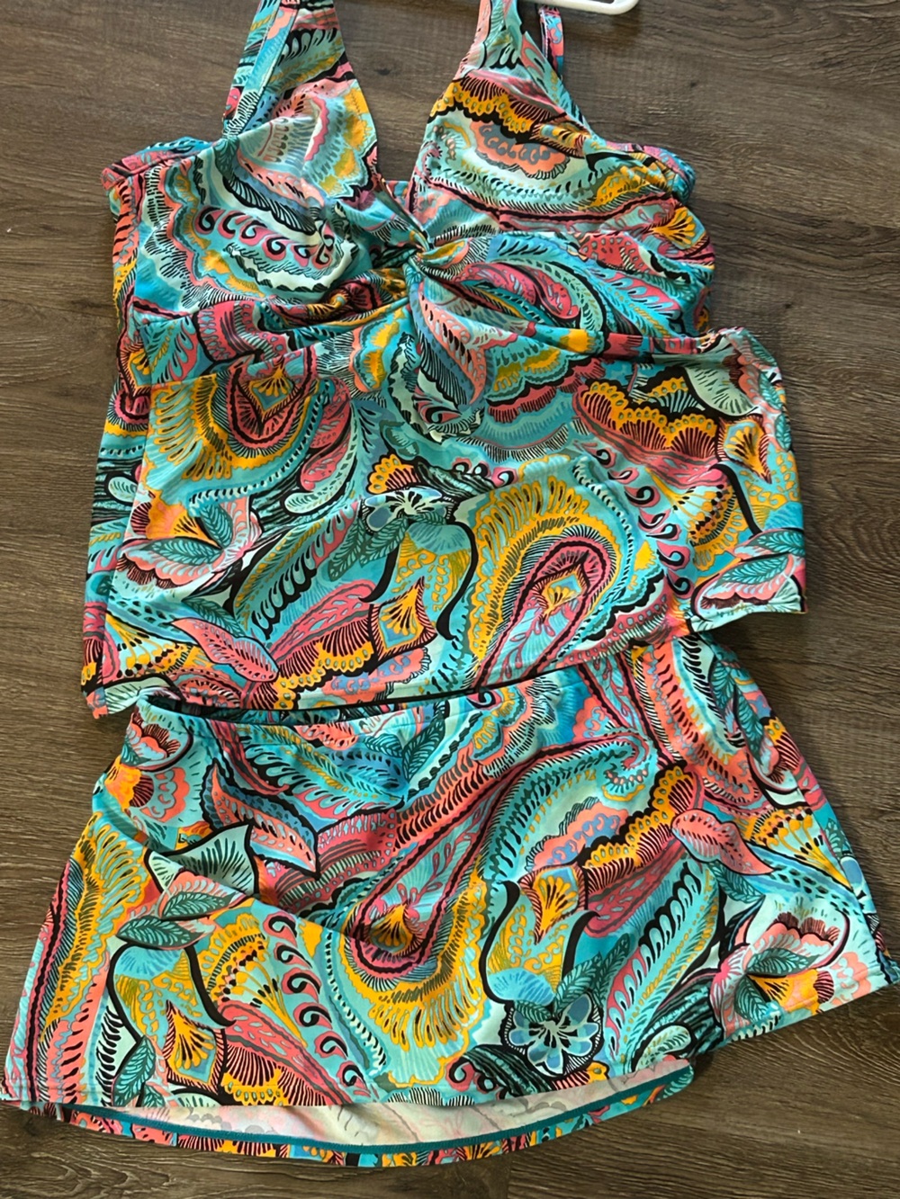 Women’s Sunset Turquoise Multi Paisley Tankini Skirt Bathing Suit 38DD and Large